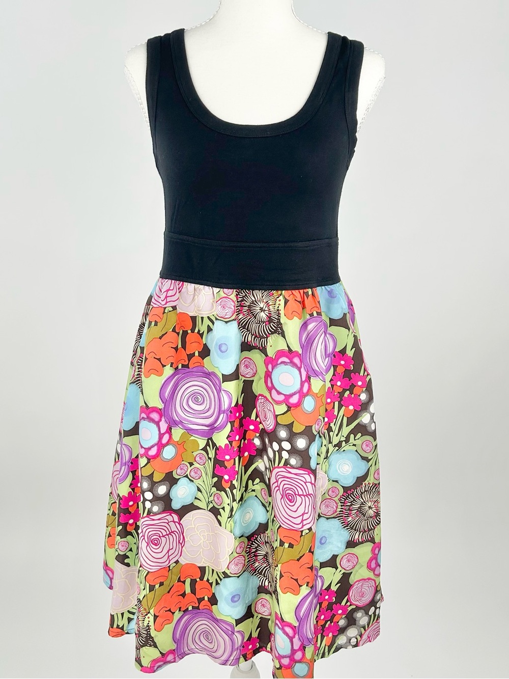 Fei Anthropologie Mixed Media Silk Floral Dress Black Knit Bodice Sz S